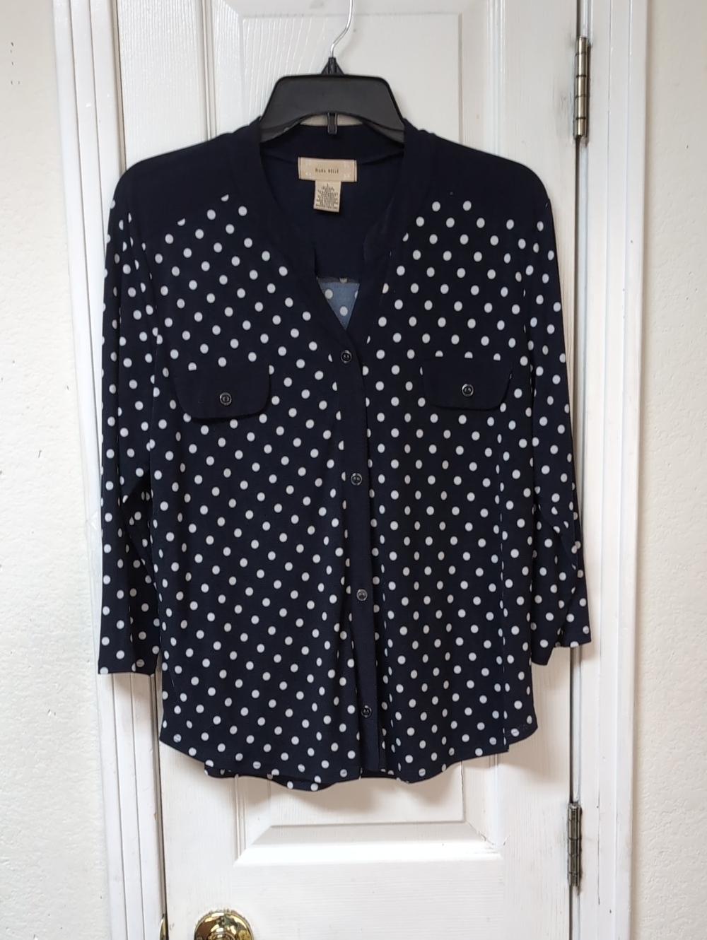 Polka Dot Button-Front Blouse in Navy and White - Petite